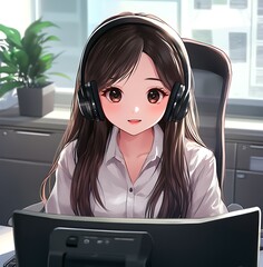 Wall Mural - Anime girl gamer with headphones in front of computer