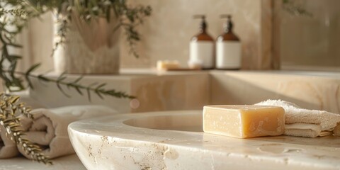 Presentation of a natural handmade soap bar with an unmarked label set in a neutral-toned bathroom basin.