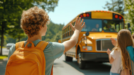 Canvas Print - A boy waving to a school bus as it drives by, AI