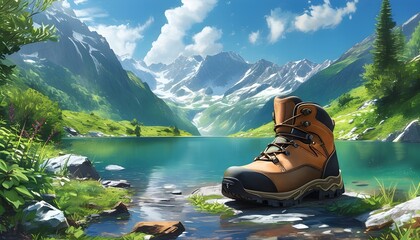 Wall Mural - Serene Hiking Boots by Turquoise Mountain Lake Surrounded by Lush Greenery and Clear Blue Skies