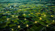 © DigitaArt.Creative - an aerial view of green fields, likely farmland, divided by roads or pathways. Overlaid on this landscape is a white network of lines connecting various points marked with yellow location pins