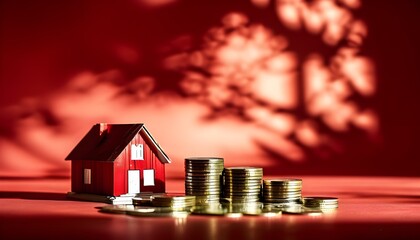 Red house model alongside coin stacks, dramatic red background with shadows, symbolizing real estate investment and financial growth