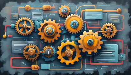 Wall Mural - Stylized doodle illustration symbolizing programming functions, showcasing a machine with cogs and wheels representing the mechanics of coding and software development