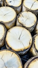 Stacked logs forming a textured wooden background. Vertical Wallpaper