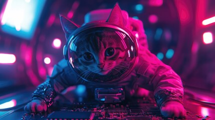 A tabby cat wearing an astronaut suit and helmet looks out at the viewer from behind a futuristic control panel.