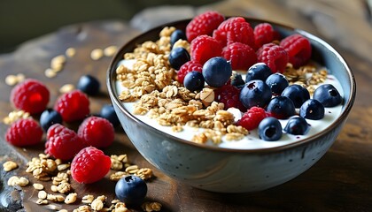 Poster - Nutritious yogurt bowl adorned with fresh raspberries, blueberries, and crunchy granola for an ideal breakfast delight