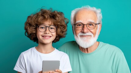 Wall Mural - A man and boy with glasses holding a tablet computer, AI