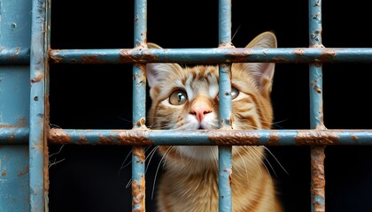 Wall Mural - Hope behind bars: A cats gaze from a shelter cage, emphasizing the urgent need for adoption and the vital role of charity and volunteer efforts for animal welfare.