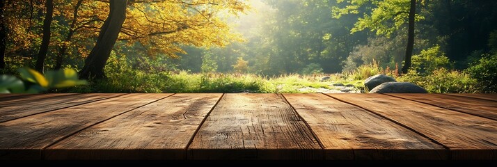 Wooden table top with blurred background of a beautiful forest in the morning with sunlight