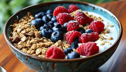 Canvas Print - Nutritious yogurt bowl adorned with fresh raspberries, blueberries, and crunchy granola for an ideal breakfast delight