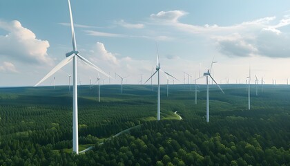 Sustainable energy development with wind turbines in a vibrant forest showcasing eco-friendly solutions and renewable resource planning