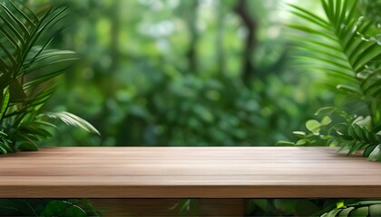 Wall Mural - Serene wooden tabletop framed by vibrant greenery, ideal for highlighting products in a tranquil natural setting