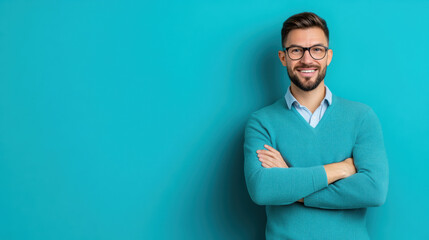 Canvas Print - A man in a blue sweater with glasses and crossed arms, AI