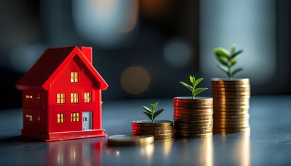 Red House Model Surrounded by Stacks of Coins Symbolizing Real Estate Investment and Financial Stability in a Dimly Lit Environment