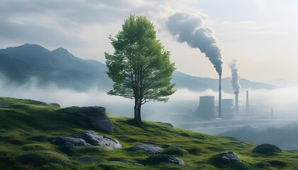 Wall Mural - Solitary tree atop misty hill with distant industrial plant releasing smoke in the background