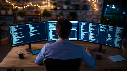A programmer works at multiple monitors displaying code, surrounded by ambient lighting in a cozy workspace.