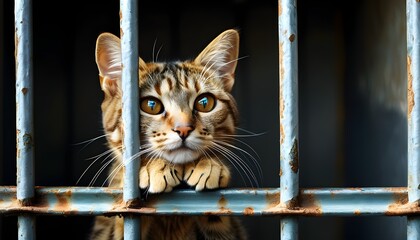 Wall Mural - Hope behind bars: A cats gaze from a shelter cage, emphasizing the urgent need for adoption and the vital role of charity and volunteer efforts for animal welfare.