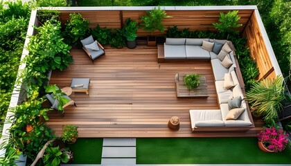 Wall Mural - Stylish Aerial View of a Cozy Outdoor Patio with Vibrant Plants and Elegant Wooden Deck for Relaxation