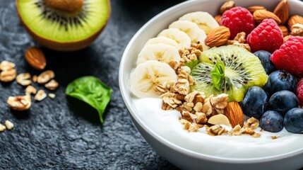 Canvas Print - A bowl of fruit and nuts are on a table, AI