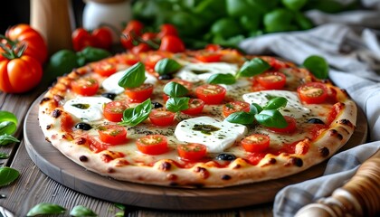 Wall Mural - Delicious Margherita pizza with fresh tomatoes, mozzarella, olives, and basil on a rustic table surrounded by fresh ingredients