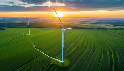 Wall Mural - Sustainable wind turbines in a vibrant green field promoting renewable energy for a cleaner, eco-friendly future