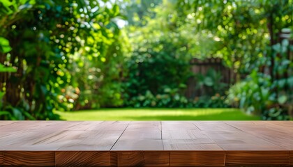 Serene wooden tabletop against a lush green garden backdrop, ideal for showcasing products or text in a tranquil, nature-inspired setting