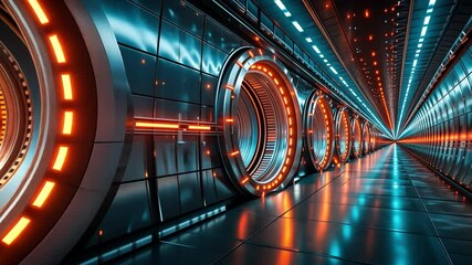 Leinwandbilder - A sleek corridor illuminated by glowing circles and vibrant lights creates a captivating ambience, highlighting advanced technology in a futuristic setting.