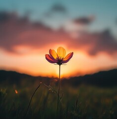 Poster - A single flower in the middle of a field at sunset.