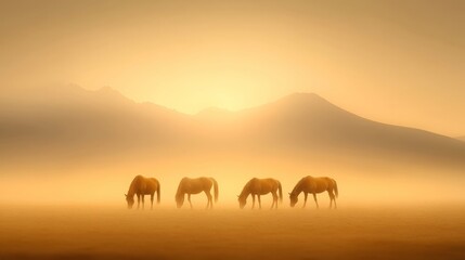 Poster - A group of horses grazing in a field with mountains in the background.