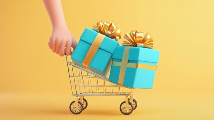 Poster - A hand holding a shopping cart with two gifts.