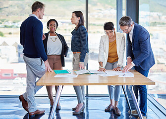 Aufkleber - Documents, meeting and strategy with business people in boardroom of office for conversation together. Architecture, collaboration and meeting with professional employee group talking in workplace
