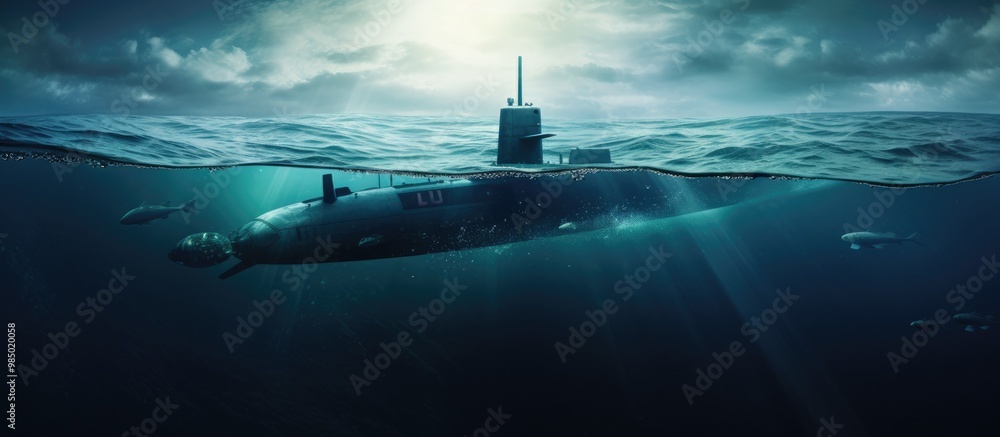 Generic military nuclear submarine floating in the middle of the ocean ...