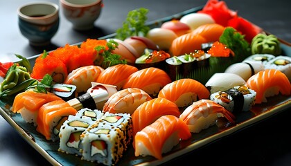 Wall Mural - Gourmet Sushi Extravaganza with Colorful Nigiri, Elegant Rolls, and Fresh Garnishes