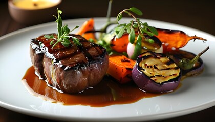 Wall Mural - Elegant gourmet steak presentation with grilled vegetables and a rich sauce for a sophisticated dining experience