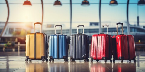 luggage suitcases at the airport for vacations and holiday travel with airport departure terminal