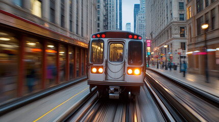 Sticker - A train traveling down a track in the city of chicago, AI