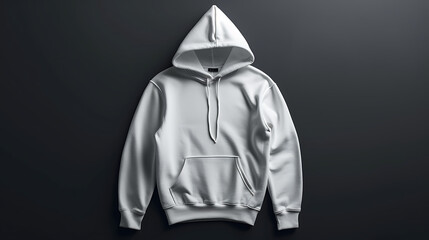 a plain white hoodie with a hood, drawstrings, and a front pouch pocket. It’s displayed against a dark background