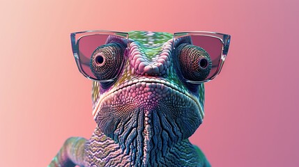 Chameleon wearing stylish sunglasses, set against a solid color background, with a minimal and abstract digital art style