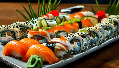 Wall Mural - Gourmet sushi platter showcasing fresh nigiri, sushi rolls, and vibrant garnishes of ginger, wasabi, and cucumber slices