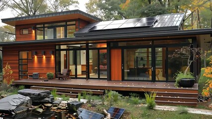 Poster - A contemporary home featuring solar panels overlooks a tranquil pond, framed by vibrant autumn leaves and lush greenery, highlighting eco-conscious living.