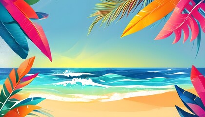 Wall Mural - Tropical Beach Vibes: A Vibrant Abstract Illustration of Colorful Leaves and Waves Amidst a Sandy Landscape