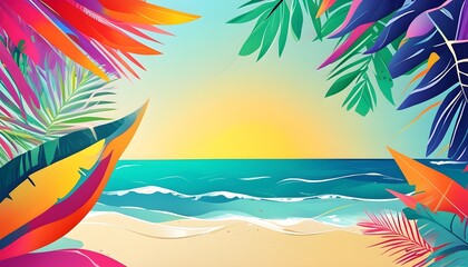 Wall Mural - Tropical Beach Vibes: A Vibrant Abstract Illustration of Colorful Leaves and Waves Amidst a Sandy Landscape