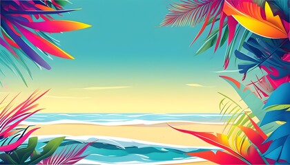 Wall Mural - Tropical Beach Vibes: A Vibrant Abstract Illustration of Colorful Leaves and Waves Amidst a Sandy Landscape