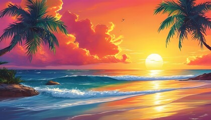 Sticker - Vibrant Tropical Beach Sunset Surrounded by Palm Trees and Colorful Clouds Over a Serene Ocean View