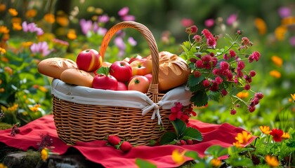 Wall Mural - Charming picnic basket brimming with bread, apples, and strawberries, nestled on a vibrant red cloth amidst a blooming garden full of colorful flowers