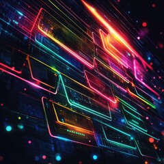Wall Mural - abstract digital background with glowing neon lines and rectangles.