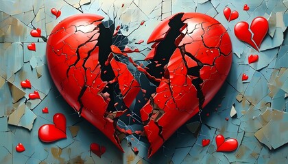 Wall Mural - Cracked Red Heart Reflecting Deep Emotional Pain and Heartbreak, Vividly Illustrating Themes of Loss, Suffering, and the Journey Toward Healing