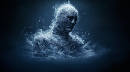 Wall Mural - Formless human figure dissolving into mist, symbolic journey to the afterlife
