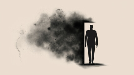Wall Mural - Silhouette of man entering a dark doorway, symbolic passage to the afterlife