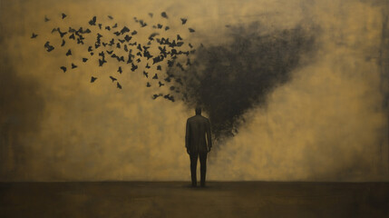 Wall Mural - Man dissolving into flock of birds, symbolic journey to the afterlife